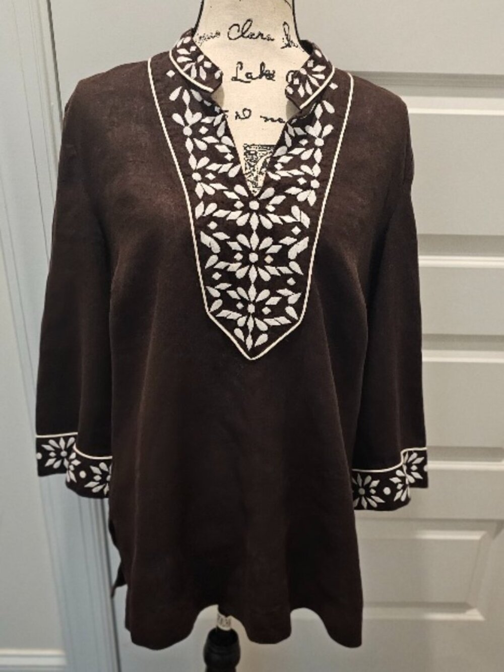 JM Collections Size 14 Linen 3/4 Sleeve Blouse Top Tunic Brown, White Embroidery